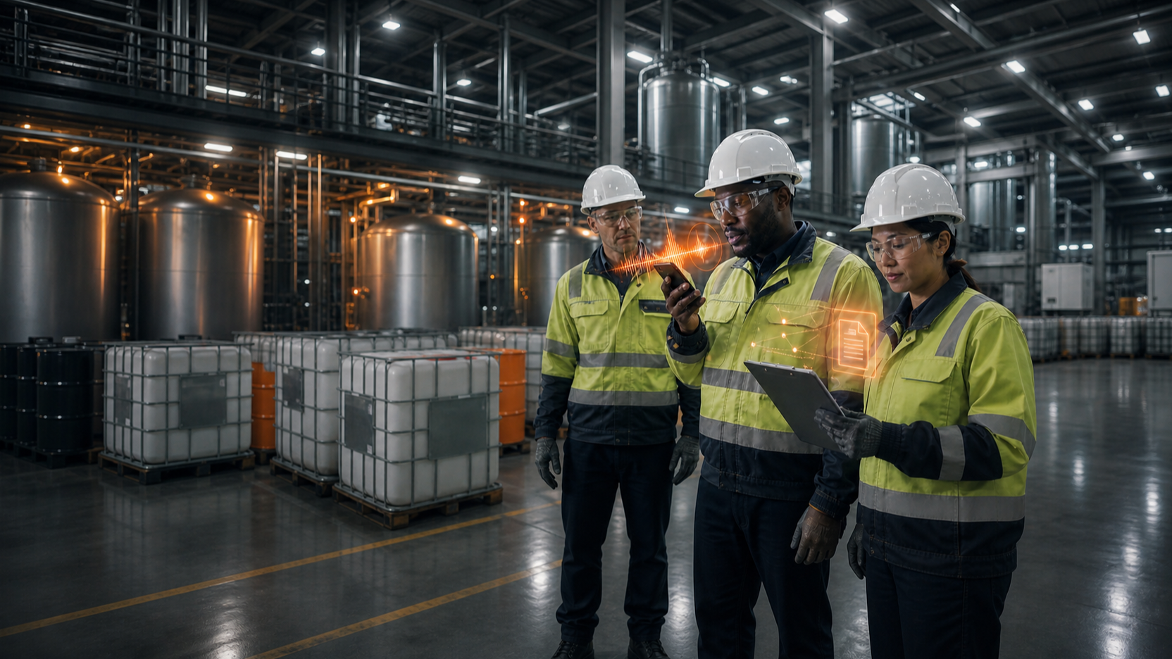 Industrial workers using voice-enabled AI for chemical safety guidance